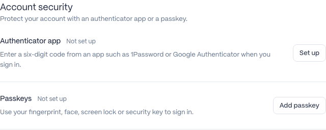 Account security showing an authenticator app that is not set up, a Set up button, and a Passkeys row with Add passkey.