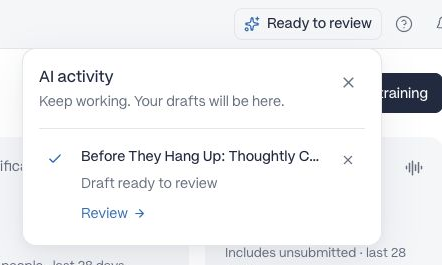 The workspace header showing a completed AI draft with a Review link in its activity panel.