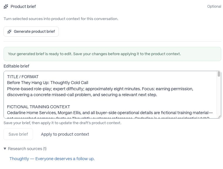 A completed editable product brief with actions to save and apply it, plus a cited public research source.