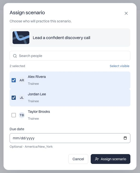The assignment dialog with Alex Rivera and Jordan Lee selected and an optional due date.