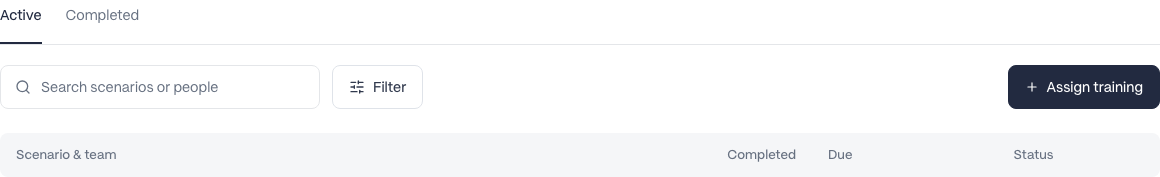 Active and Completed views above Search scenarios or people, Filter, and Assign training.