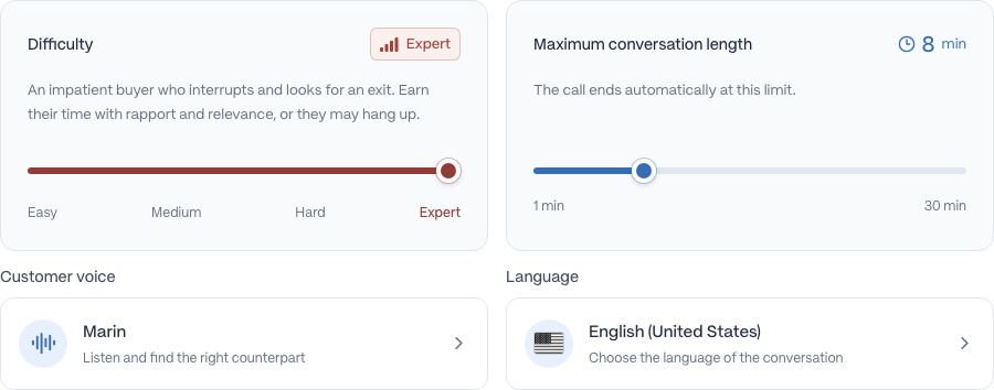 Difficulty and maximum conversation length sliders above matching customer voice and language cards.