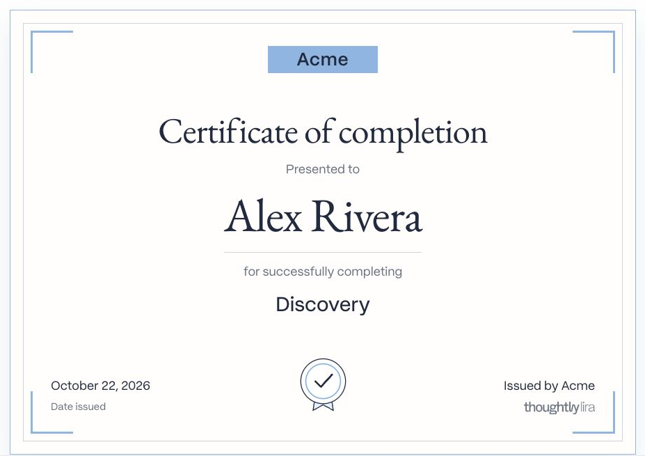 An example Acme certificate of completion for Alex Rivera, awarded for Discovery.