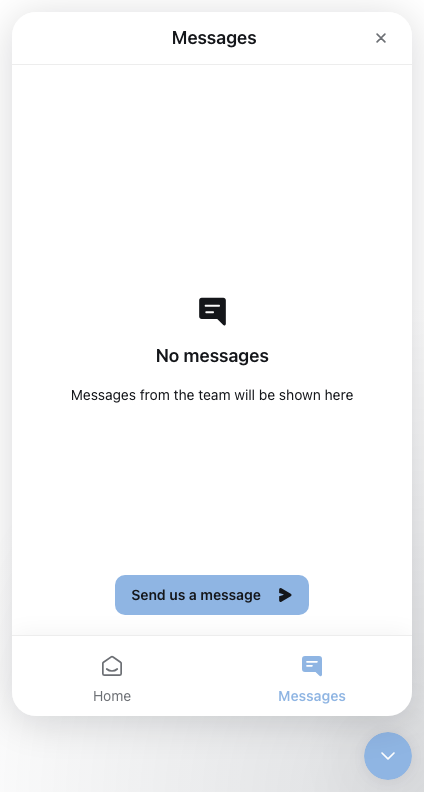 The support Messenger’s Messages tab with no previous messages and a Send us a message button.