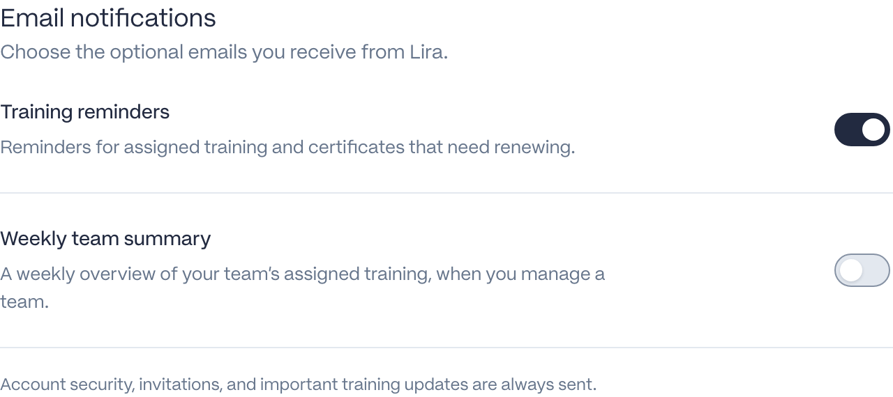Email notification settings with separate switches for training reminders and a weekly team summary.
