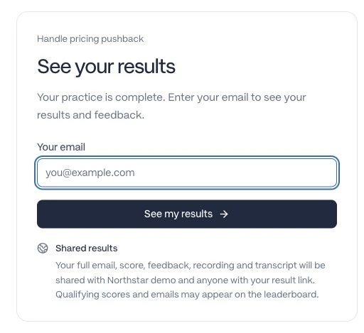 An email field sits directly above See my results, followed by a concise Shared results note explaining the audience and published content.