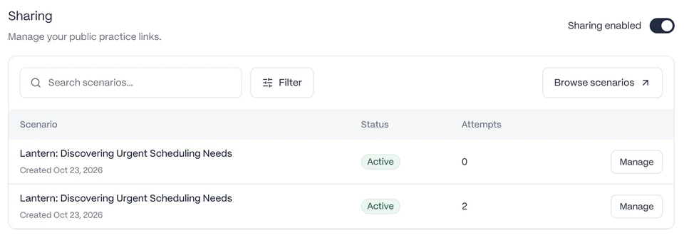 An example Sharing page shows the Sharing enabled switch, shared search and filter controls, and reusable links with Manage actions.