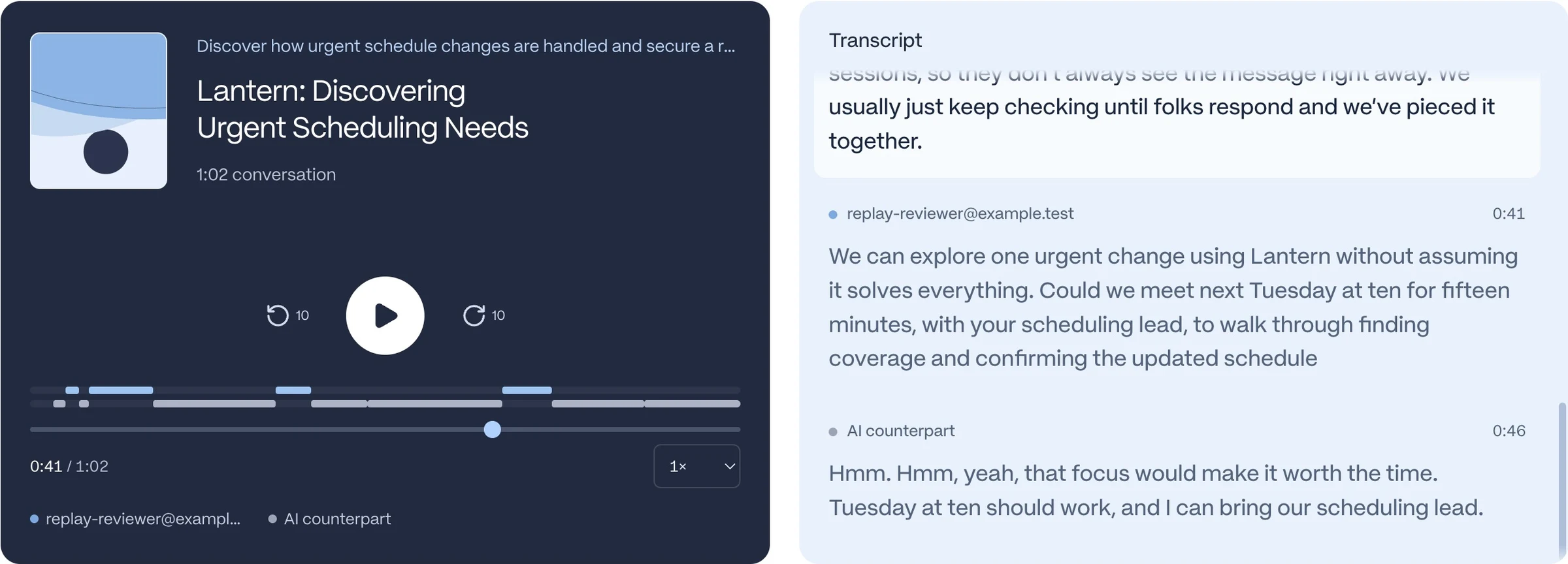 A scenario recording player sits beside its synchronized transcript, with playback, seek, speed, and speaker controls.