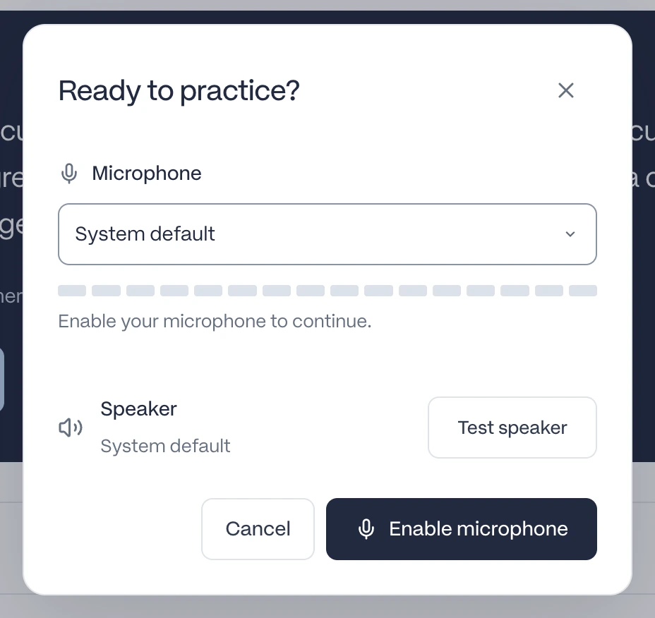 Ready to practice dialog with microphone selection, an input indicator, Test speaker, Cancel, and Enable microphone controls.