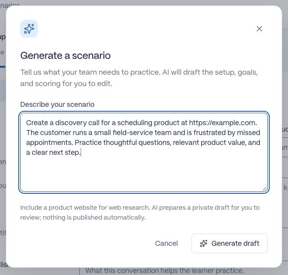 AI scenario generation dialog with an example coaching scenario prompt and Generate draft button.