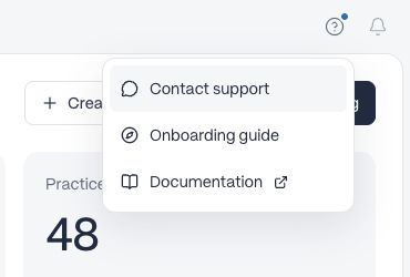 The header's question-mark menu showing Contact support, Onboarding guide, and Documentation.