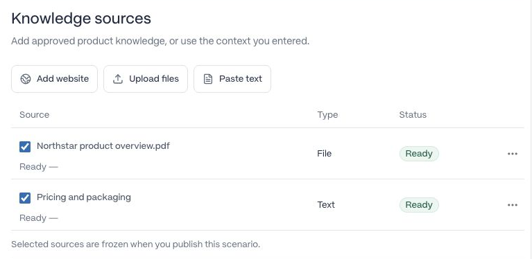 Knowledge-source controls for adding a website, uploading files, or pasting text, with two selected ready sources.