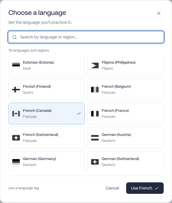 A searchable language picker with native names, monochrome flags, and a selected regional language.