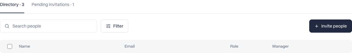 Directory and Pending invitations above a bordered search field, Filter, and Invite people.
