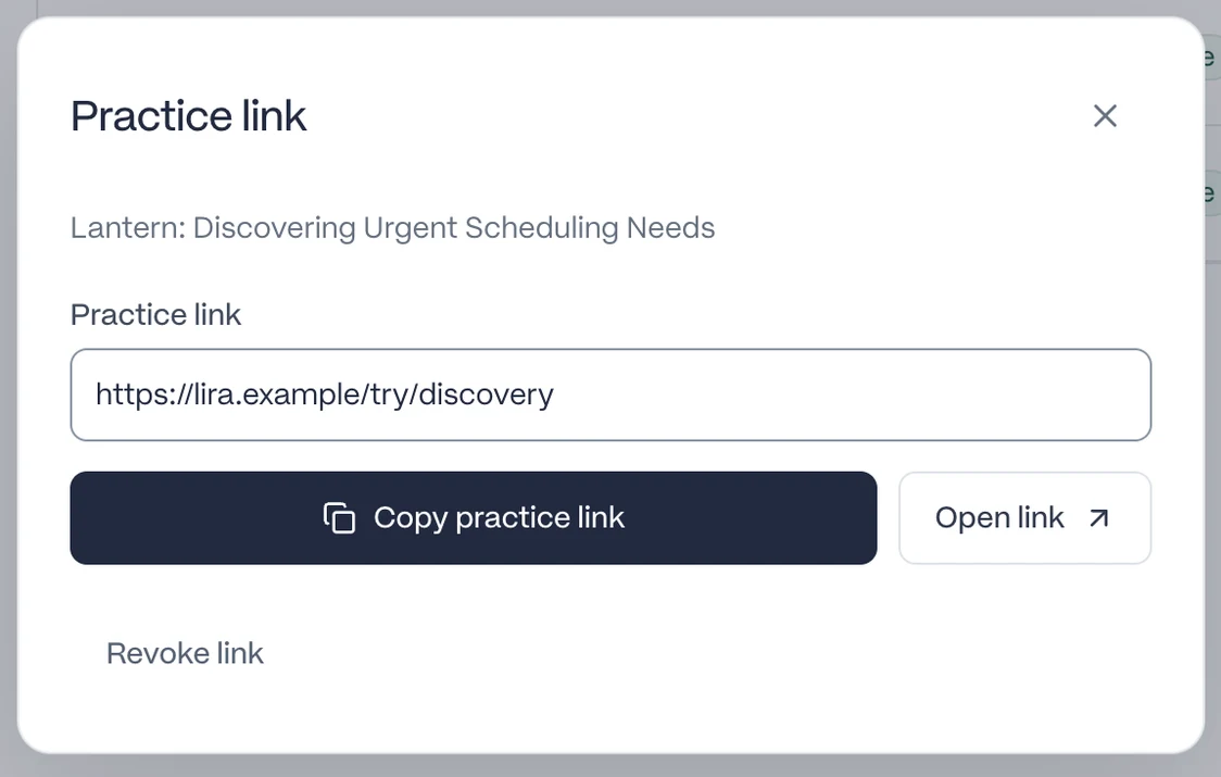 A practice link dialog with a copyable URL, Open link, and Revoke link actions, without attempt or expiration settings.