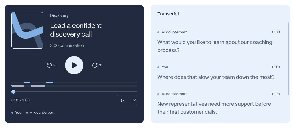 Recording playback with scenario artwork beside a transcript showing speakers and timestamps.