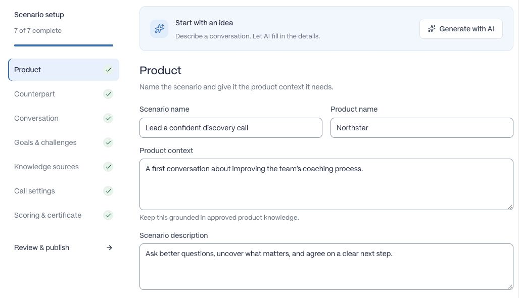 Scenario settings with section navigation, product fields, and a Generate with AI action.