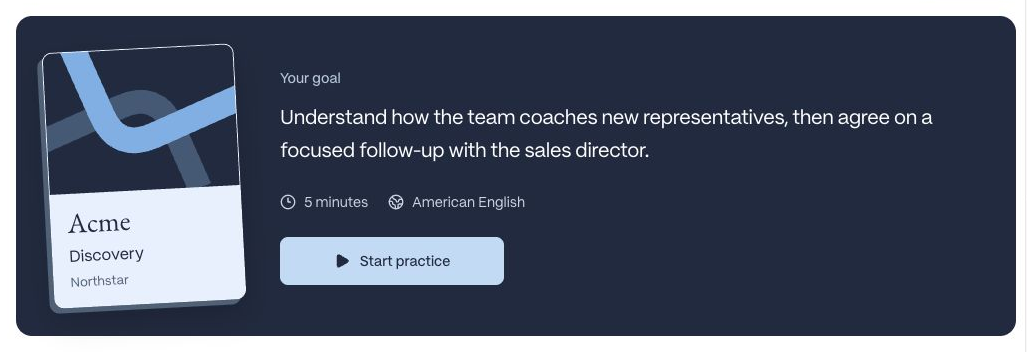 A scenario cover beside its conversation goal, five-minute duration, language, and Start practice button.