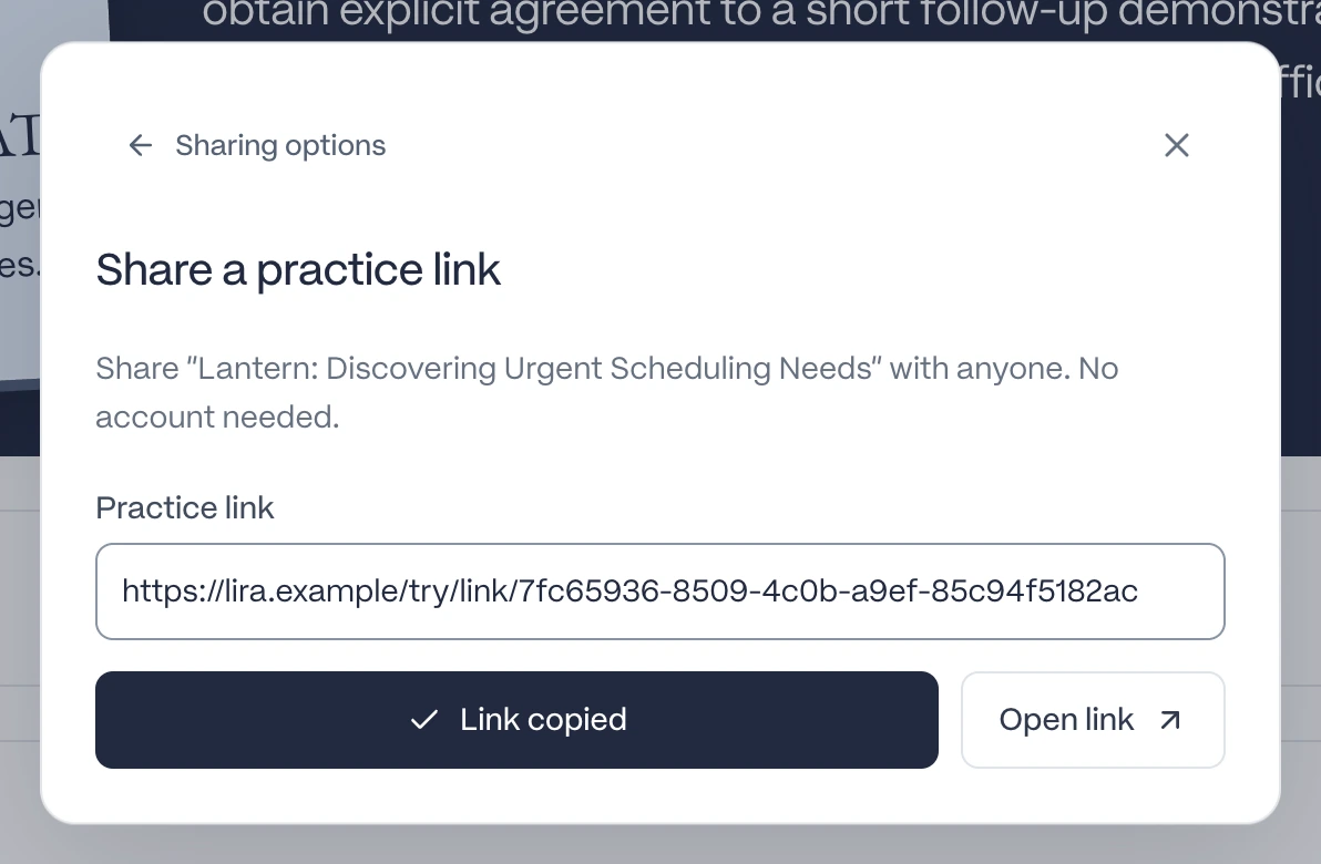 The sharing dialog displays a ready-to-copy practice link with Copy practice link and Open link actions.