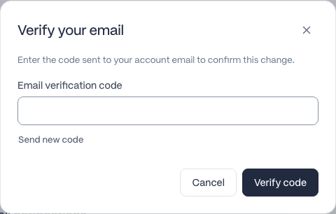 Verify your email dialog with an empty Email verification code field, Send new code, Cancel, Verify code, and a close button.