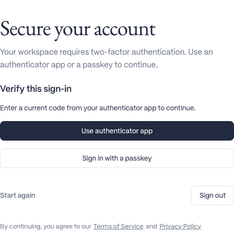 Secure your account screen offering Use authenticator app and Sign in with a passkey, with Start again and Sign out below.