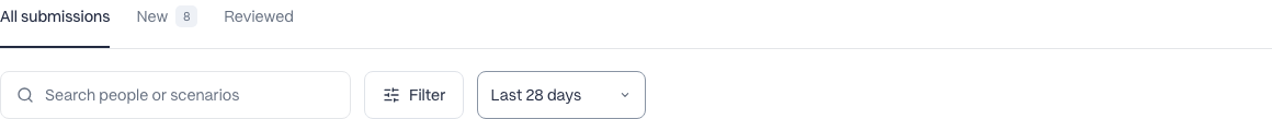 All submissions, New, and Reviewed views above a bordered search field, Filter, and date range.