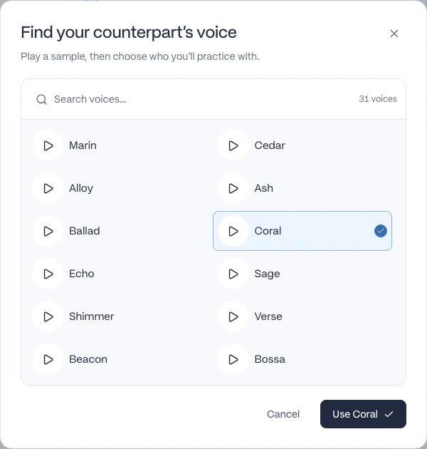 A searchable customer voice picker with 31 voices, including Coral, individual play buttons, and a confirmation action.
