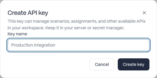 The unsubmitted Create API key dialog shows a Key name field with a Production integration placeholder, Cancel, and Create key.