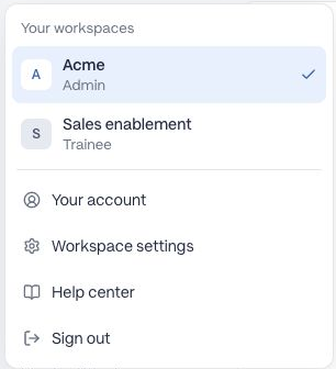 Workspace menu showing two example workspaces, account settings, workspace settings, Help center, and Sign out.